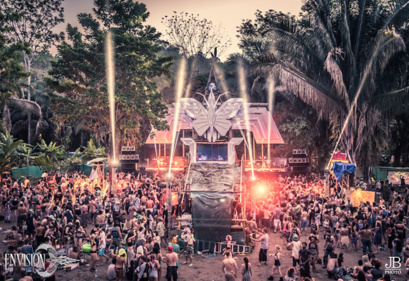 Envision Festival goers gather in front of one of the stages for a DJ performance. Photo courtesy of JB Photography