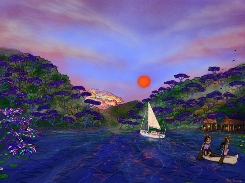 Sailing vessel Songline heads for the mouth of the Rio Dulce in Guatemala, near the port city of Livingston. Illustration by the author.