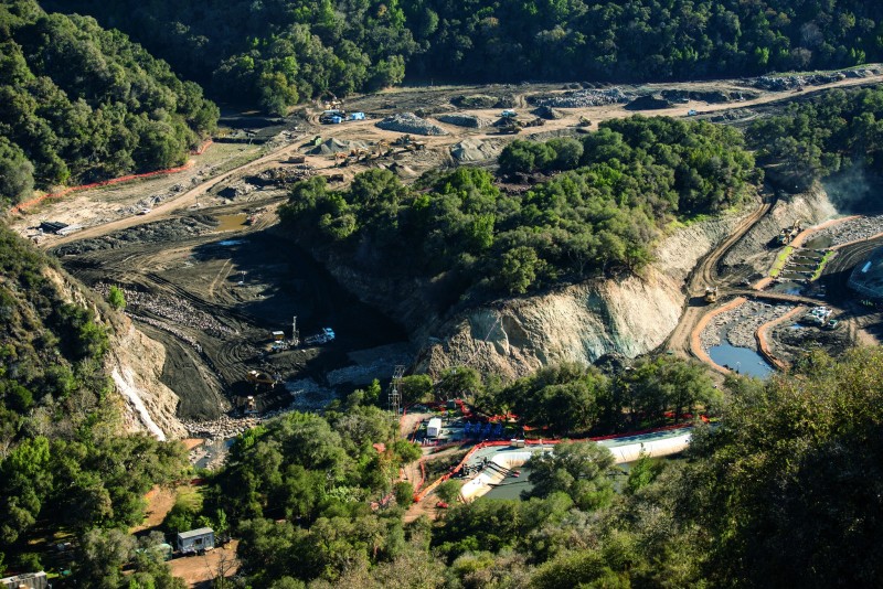 The removal of the San Clemente Dam is complete, and the Carmel River has been rerouted to carry the combined flows of both the Carmel River and San Clemente Creek downstream in Carmel Valley, Calif., November 12, 2015. The 106-foot tall arch concrete dam was removed from the Carmel River in August of 2015 to eliminate the seismic safety risk it posed. In addition to DSOD Engineers and Geologists reviewing and approving the demolition plan, they inspected the site to ensure stability of the land surrounding the demolished dam and the two new sediment retention structures. Further restoration work is expected in 2016 by the dam owner. For more information, visit http://www.sanclementedamremoval.org/ Florence Low / California Department of Water Resources